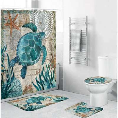 i@home bathroom fashion sea turtle shower curtain sets with non-slip rugs 4 pieces washable